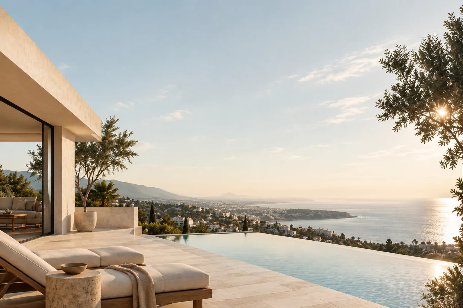 Villa mediterránea con piscina infinity y vistas a la costa y al mar. Imagen ilustrativa.
